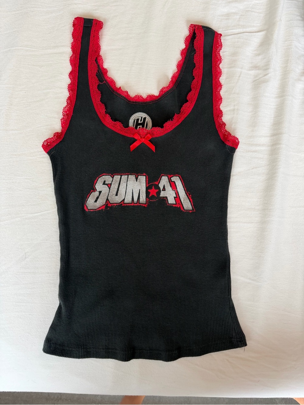 Urban Outfitters Black Tank Top with Red Lace Trim & SUM41 Graphic